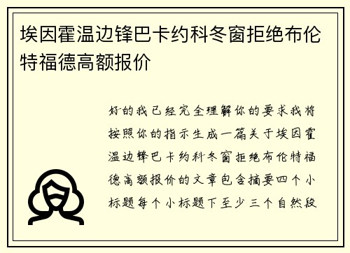 埃因霍温边锋巴卡约科冬窗拒绝布伦特福德高额报价